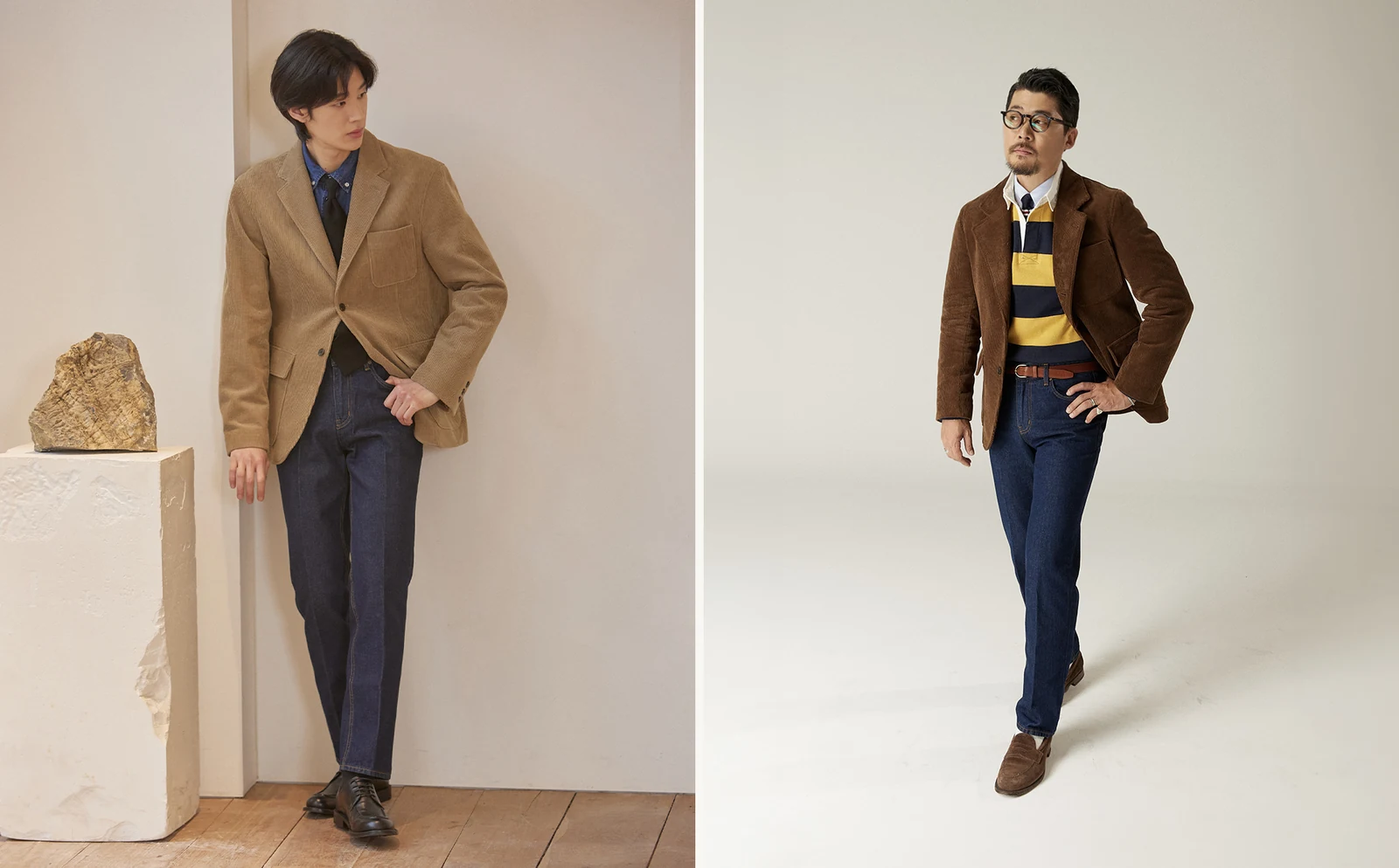 trad denim Indigo formal pair: corduroy blazer with denim shirt and black tie on left, brown corduroy with rugby shirt regimental tie on right