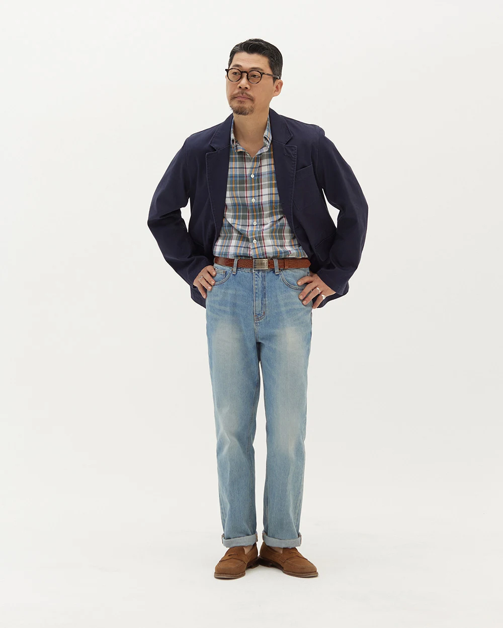 trad denim L.Blue Cat with navy blazer over madras shirt and suede penny loafer, the summer cocktail register