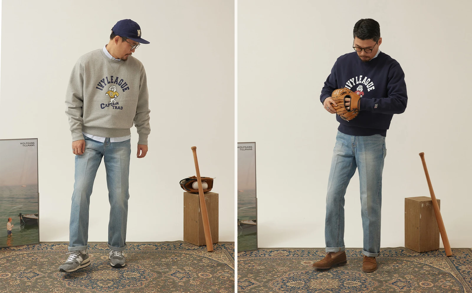trad denim L.Blue Cat sweatshirt pair: with NB 990v1 sneakers and ball cap (left), with suede penny loafer (right)
