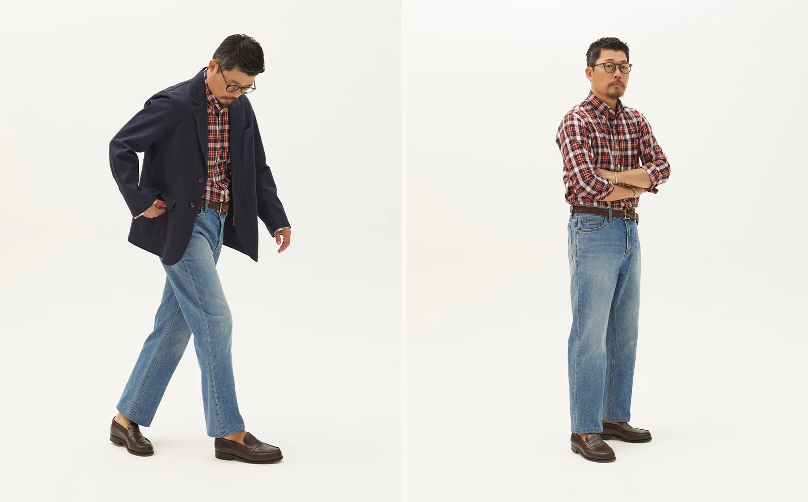 trad denim M.Blue Cat with madras shirt pair: navy blazer over madras (left), madras alone (right), both with brown loafer