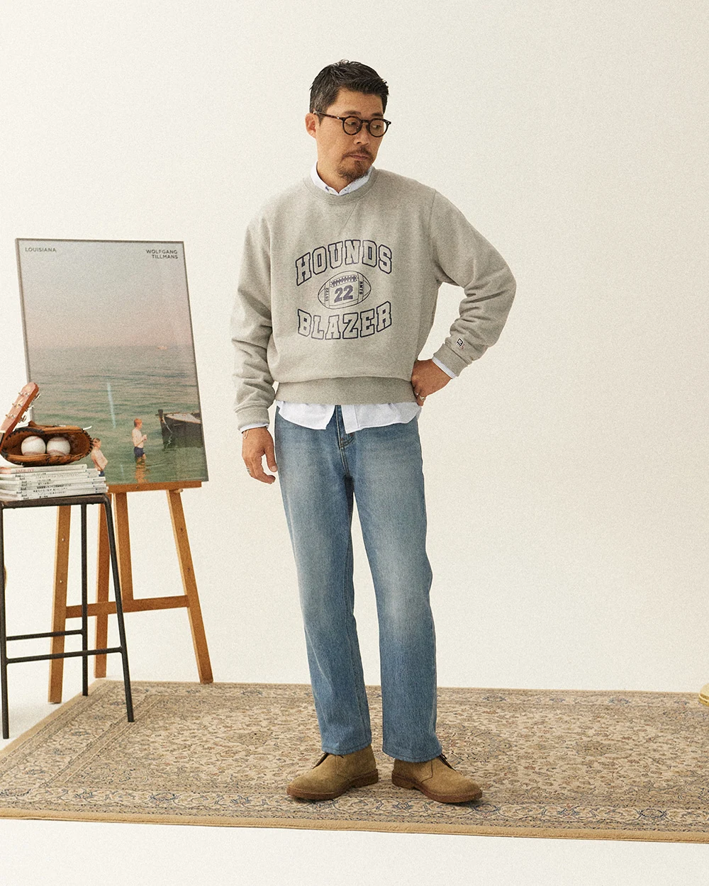trad denim M.Blue Cat with sweatshirt: layered over OCBD with chukka boots, the campus-weekend register