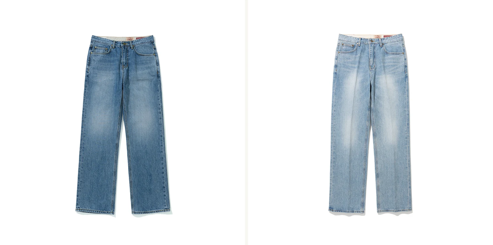 trad denim cat-brushed mid register pair: M.Blue Cat (left) and L.Blue Cat (right) Renacts Tailored Straight, two natural fade variants