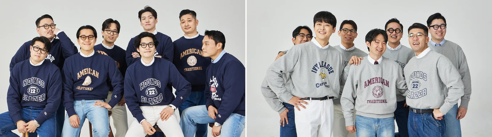 trad denim with collegiate sweatshirt team registers: navy varsity sweatshirts with indigo and cream pants (left), grey varsity sweatshirts with mixed denim shades (right)