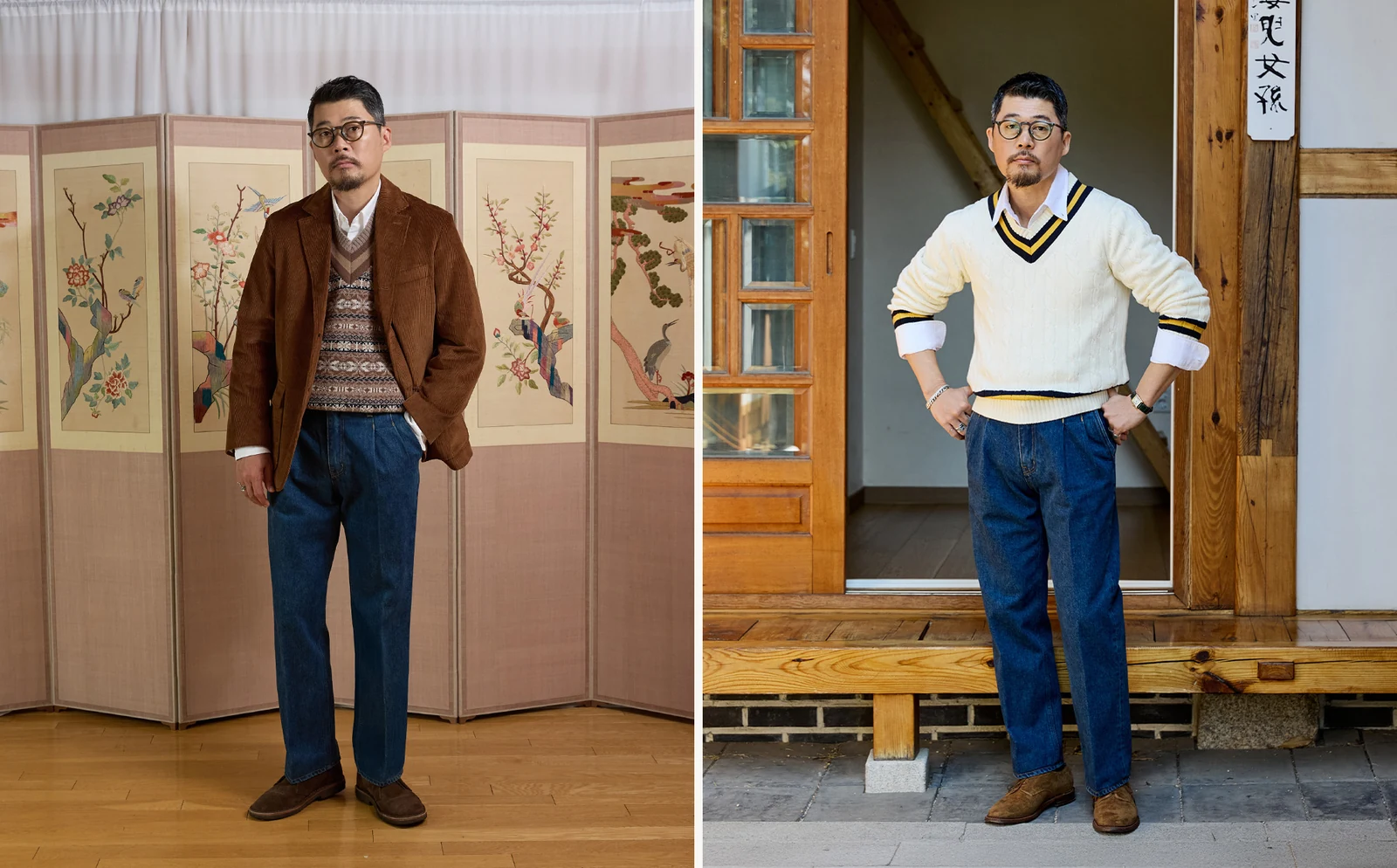 trad denim Two Tuck D.Blue with knit pair: corduroy blazer over Fair Isle vest (left), cricket sweater over OCBD (right)