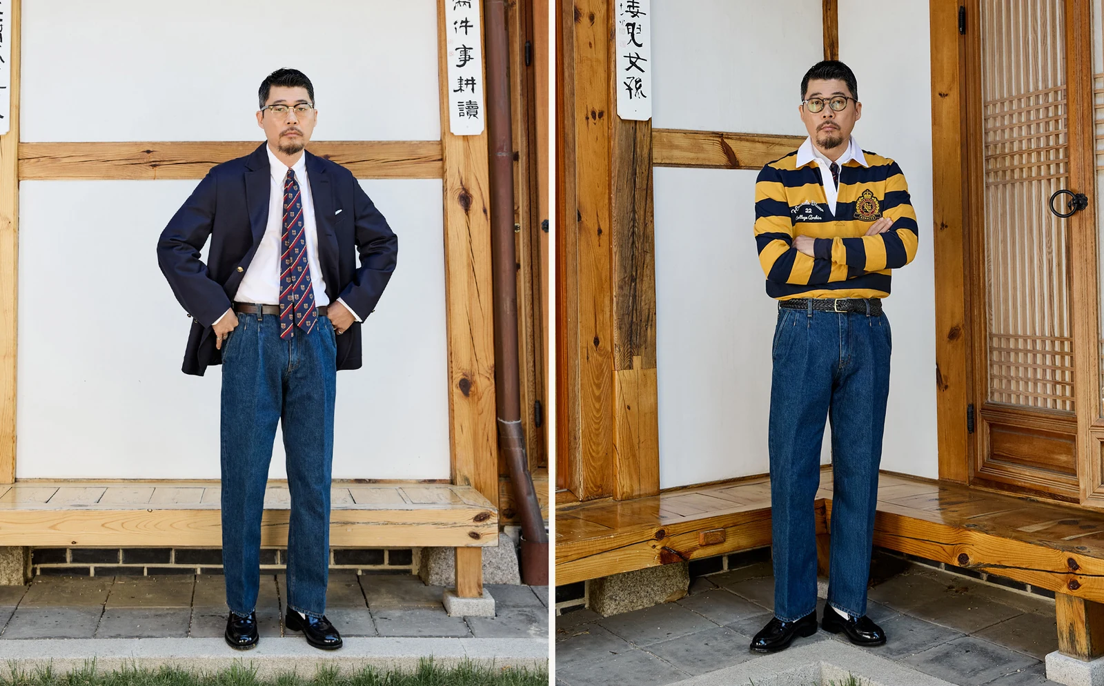 trad denim Two Tuck D.Blue with regimental tie pair: navy gold-button blazer (left), rugby shirt layered over OCBD (right), both with regimental tie and black penny