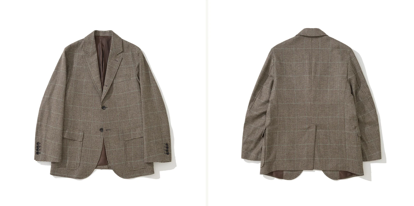 trad pattern essentials Glen Check: Abraham Moon Glen Check Tweed Sack Cut Blazer front (left) and back (right) showing side vents Sack Cut natural shoulder construction