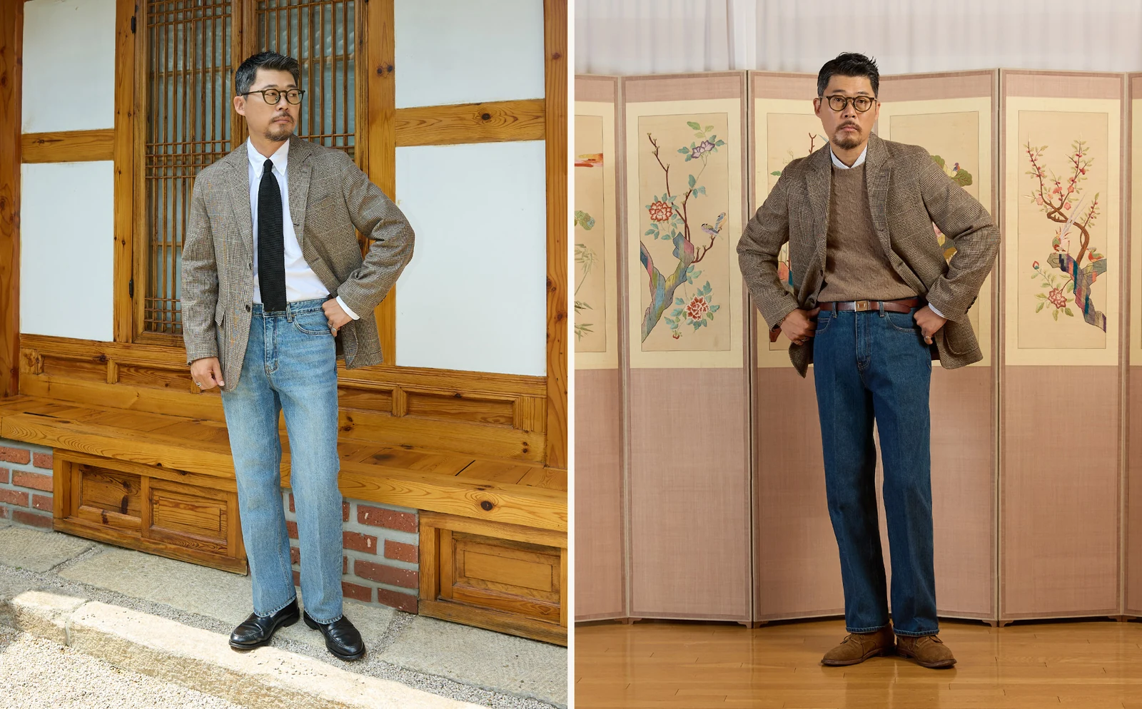 trad pattern essentials Glen Check outfit pair: black tie OCBD denim penny (left) and crewneck cable knit OCBD denim suede derby (right), two Glen Check styling registers