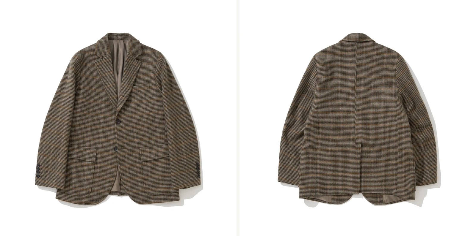 trad pattern essentials Gun Club: Gun Club Check Sack Cut Blazer front (left) and back (right) showing four-color overcheck pattern and side vents