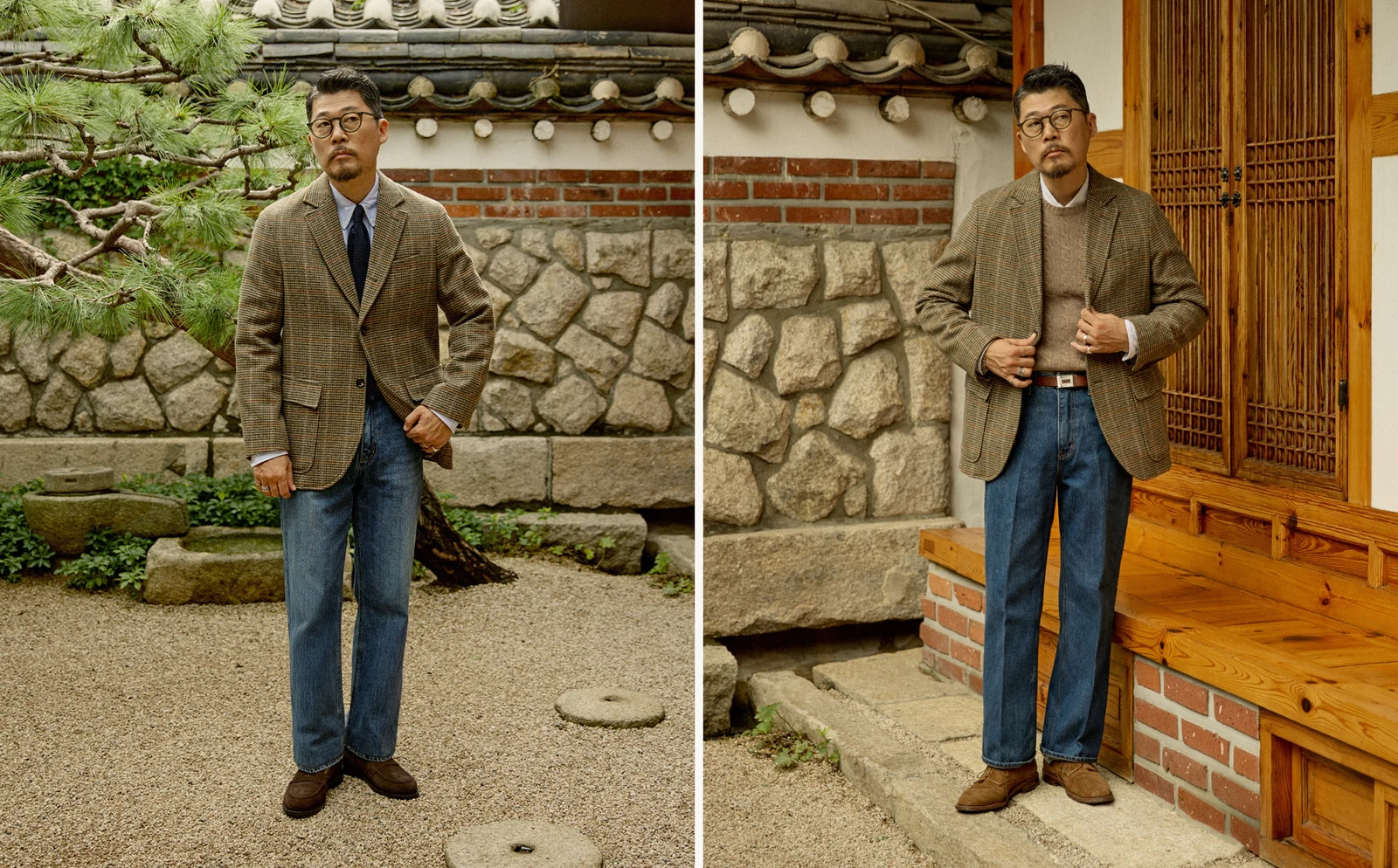 trad pattern essentials Gun Club outfit pair: OCBD knit tie denim suede penny (left) and crewneck cable OCBD denim suede derby (right), two Gun Club styling registers
