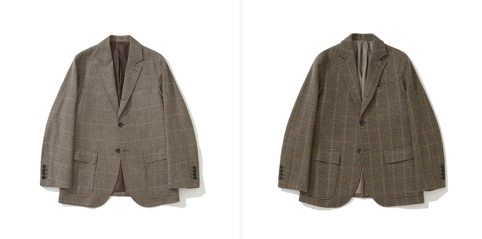 trad pattern essentials hero: Abraham Moon Glen Check Tweed Sack Cut Blazer (left) and Gun Club Check Sack Cut Blazer (right) front views, the two essential Trad sport coat patterns