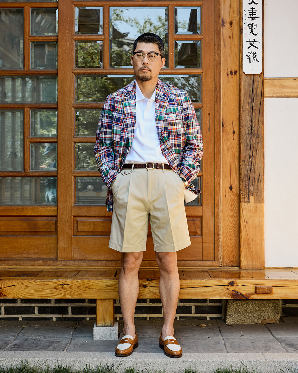 Madras patchwork blazer with khaki tailored shorts and penny loafers โ summer casual blazer outfit