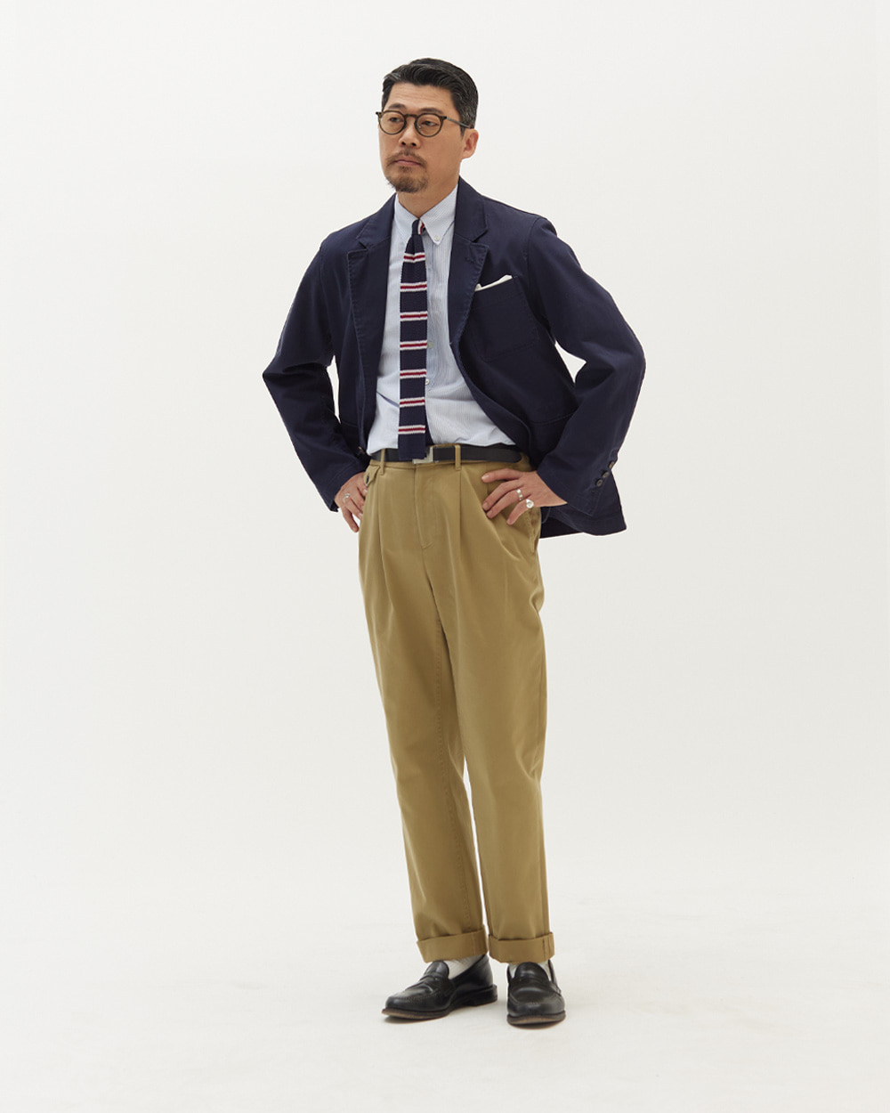Navy cotton sport jacket with a knit tie and khaki chinos โ how to style a blazer casually