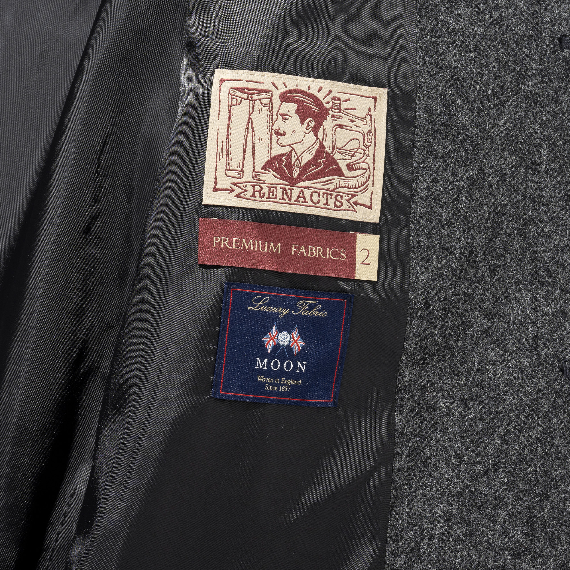 Abraham Moon and Sons mill label inside a balmacaan coat
