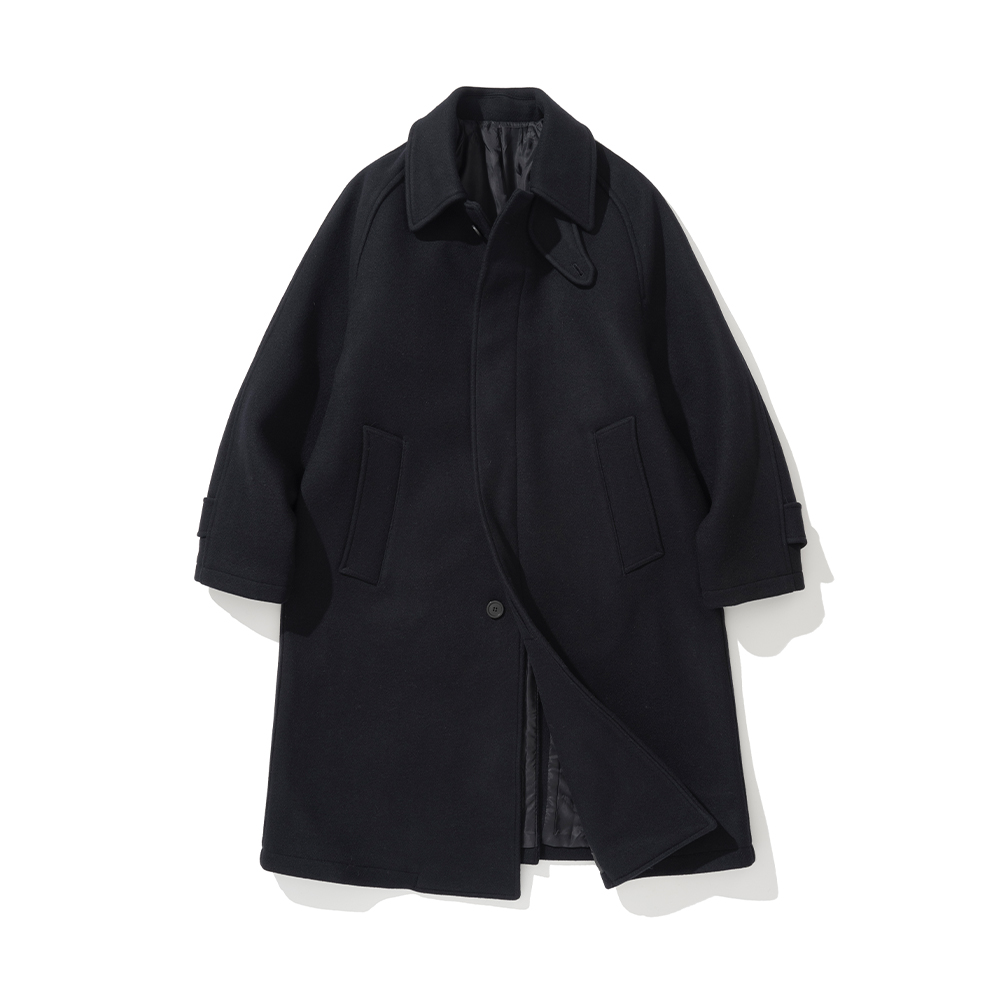 Melton wool balmacaan coat in navy, full front