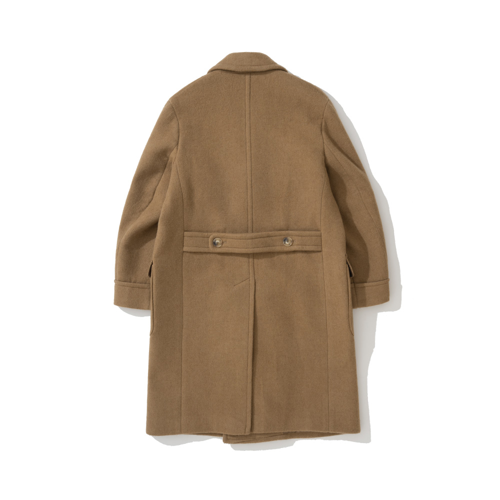 Back of the camel polo coat showing the half belt