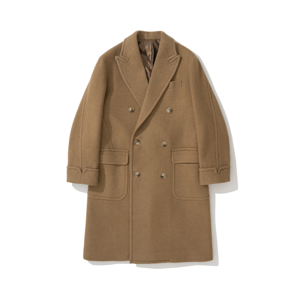 Camel wool polo coat, full front, double-breasted