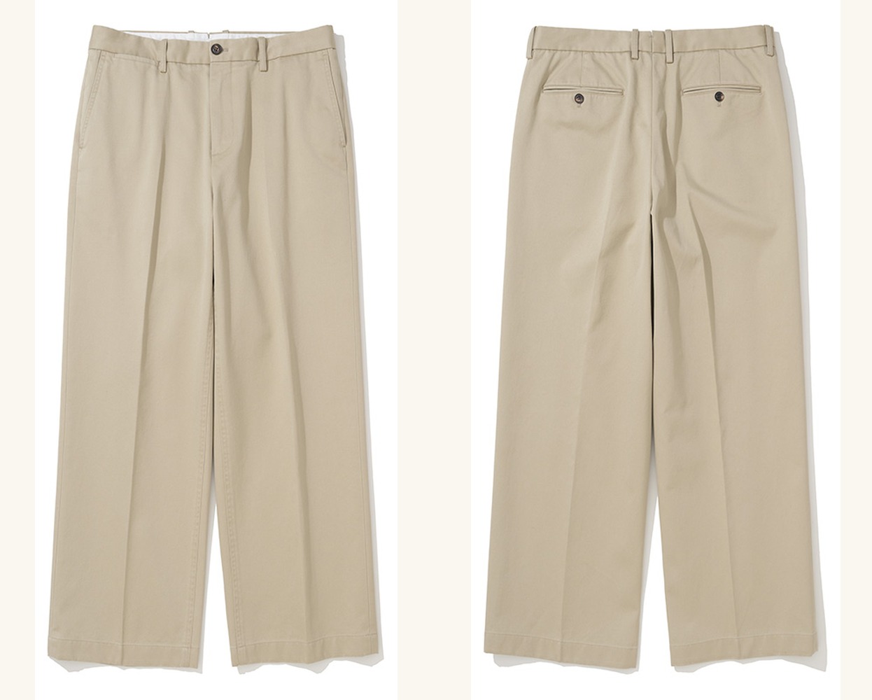 Light beige chinos laid flat, front and back side by side: a flat front with a plain fly and belt loops, and a back with two buttoned welt pockets