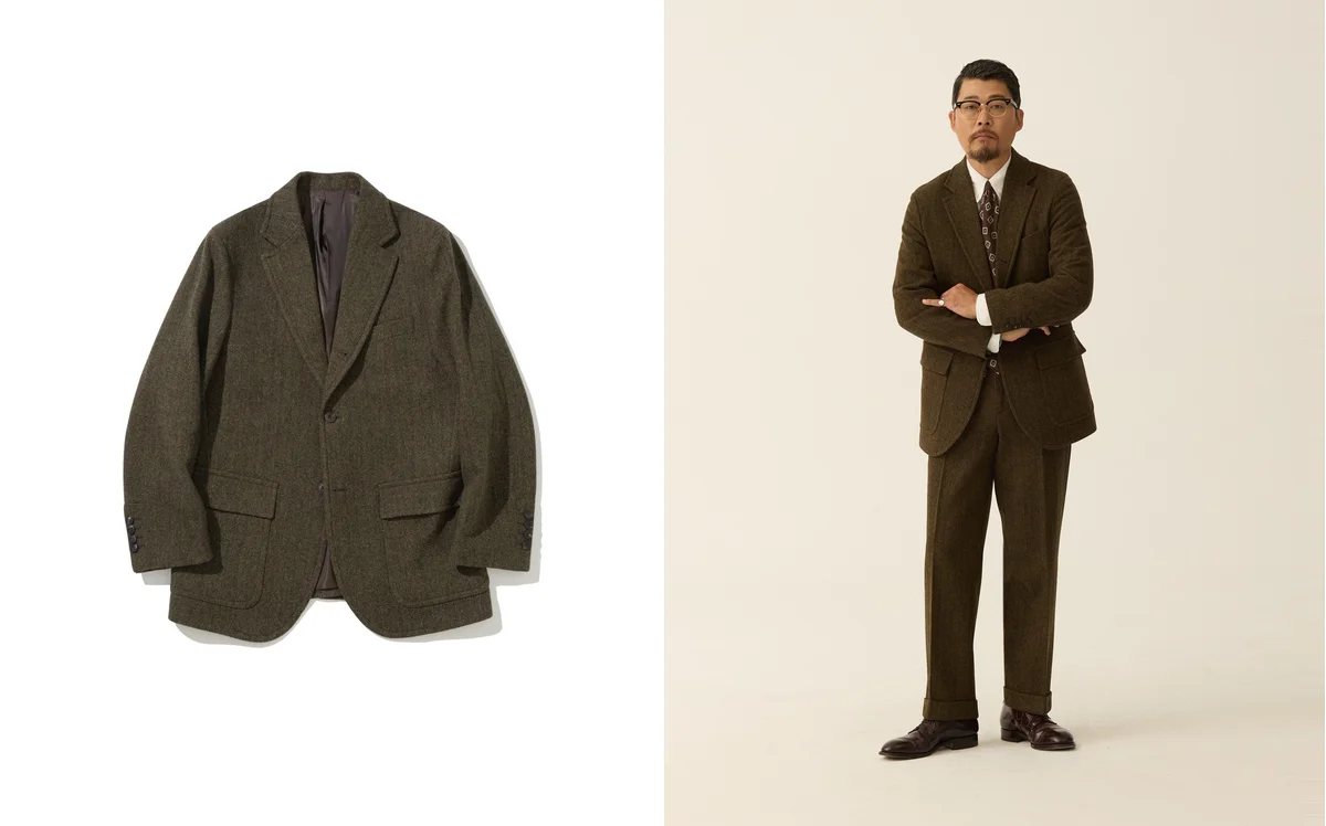 Olive brown herringbone sack cut blazer in the new fall 2026 colourway
