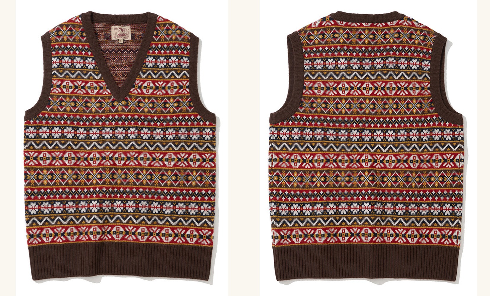 Brown Multi Fair Isle vest laid flat, front and back side by side, with dark brown ribbing at the V-neck, armholes and hem