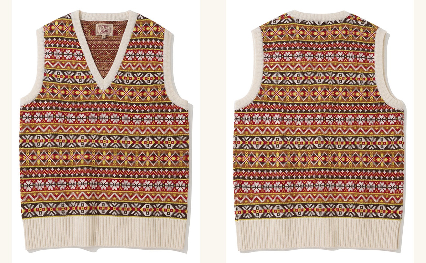 Ivory Multi Fair Isle vest laid flat, front and back side by side, with cream ribbing at the V-neck, armholes and hem