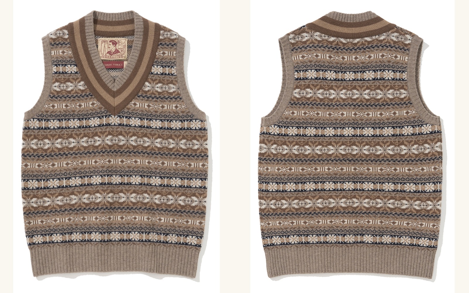 Original Fair Isle vest in taupe with cream and grey pattern bands, laid flat front and back side by side