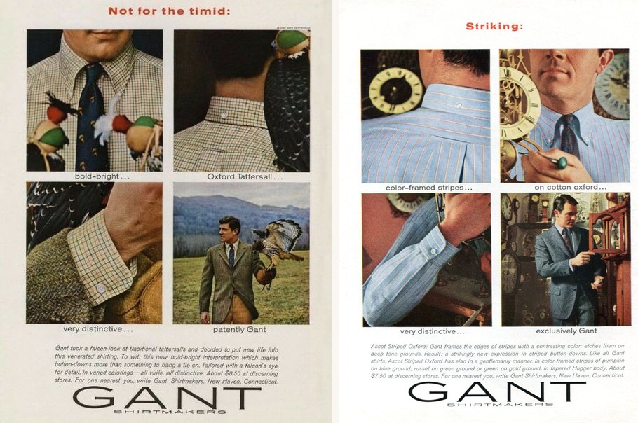 Two 1960s Gant Shirtmakers magazine advertisements side by side, each a grid of four photographs: one for an Oxford Tattersall shirt with a falcon, headed Not for the timid, and one for an Ascot Striped Oxford, headed Striking; in both, the first panel shows the back of the collar with its single button