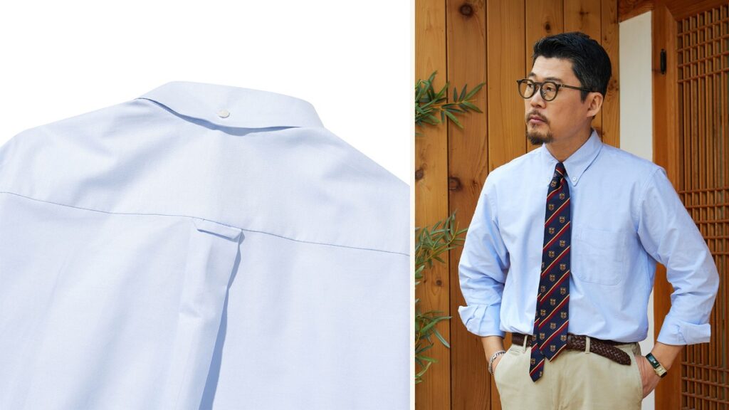 Gant history: the back of an Ivy oxford button-down shirt with locker loop and box pleat beside the collar roll seen from the front