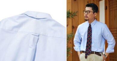 Gant history: the back of an Ivy oxford button-down shirt with locker loop and box pleat beside the collar roll seen from the front