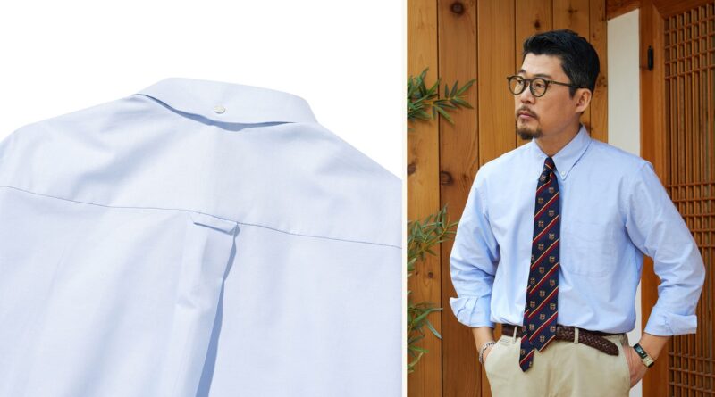 Gant history: the back of an Ivy oxford button-down shirt with locker loop and box pleat beside the collar roll seen from the front