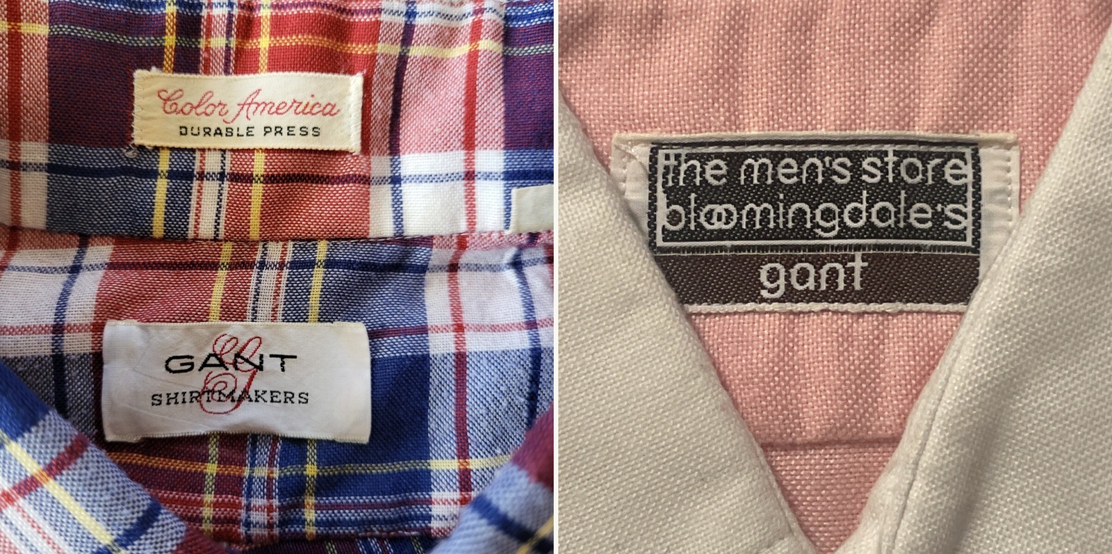 Two vintage Gant shirt labels side by side: a white GANT SHIRTMAKERS label with a red script G monogram inside the collar of a red and blue plaid shirt, next to a dark woven label reading the men's store bloomingdale's gant inside a pink oxford shirt with a white collar