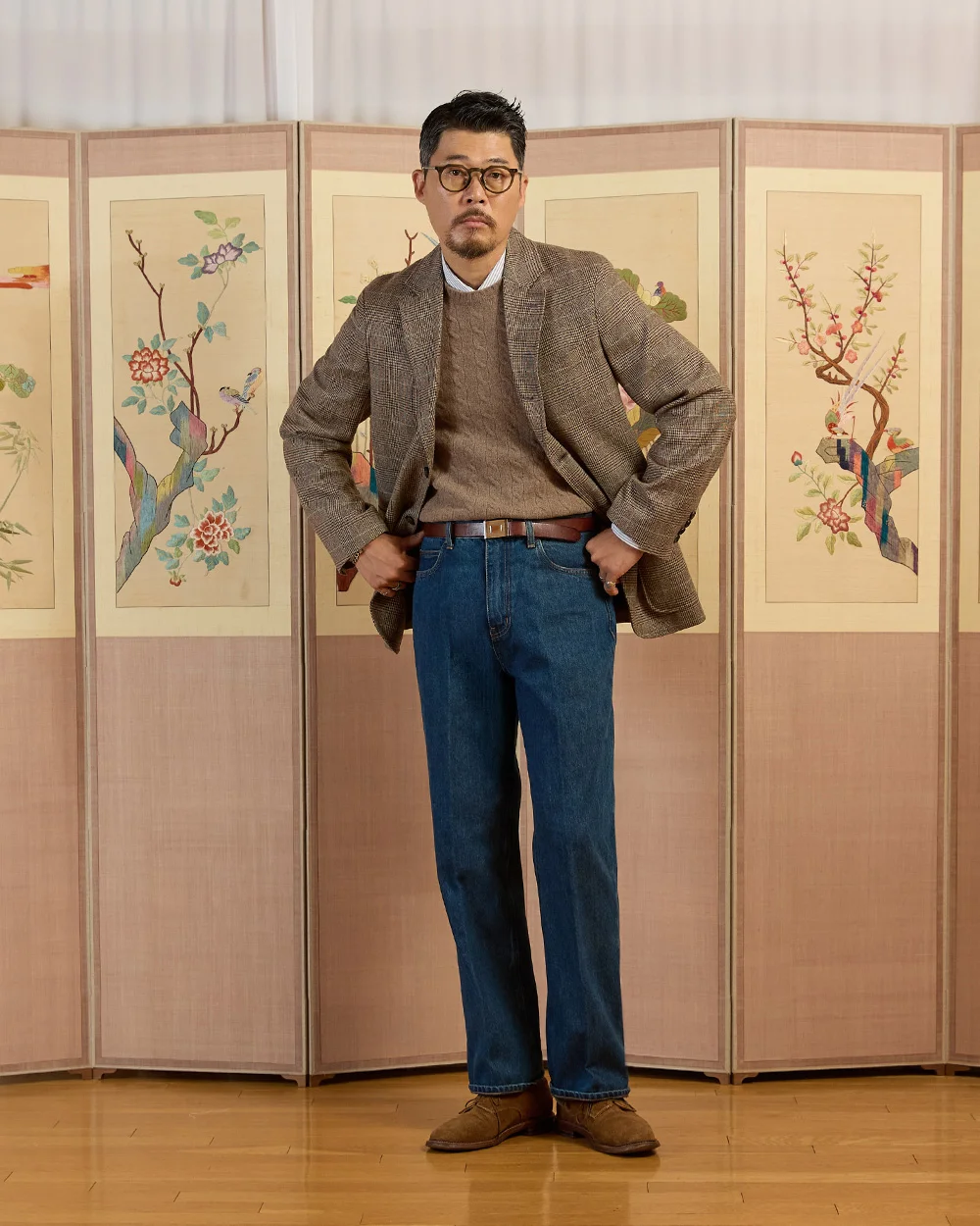 Outfit G: glen check tweed blazer over a camel crewneck with dark denim and brown suede loafers — Renacts FW25 lookbook, Seoul