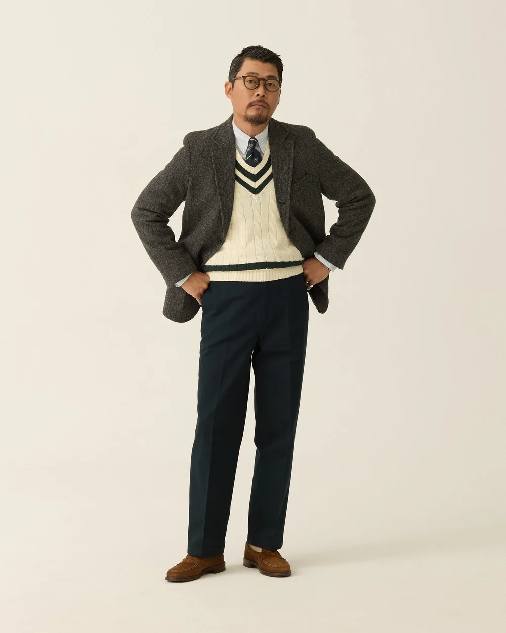 Outfit D: grey herringbone blazer over a cream cable cricket sweater, navy trousers, brown suede loafers — Renacts FW26 lookbook