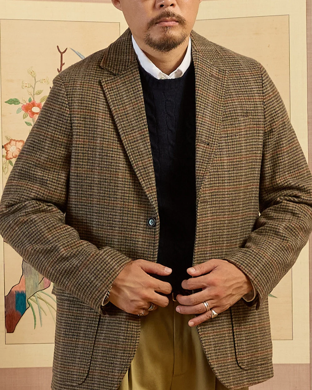 Gun club check fabric up close: brown, black and rust overcheck on an oat ground — Renacts Gun Club Check Sports Jacket