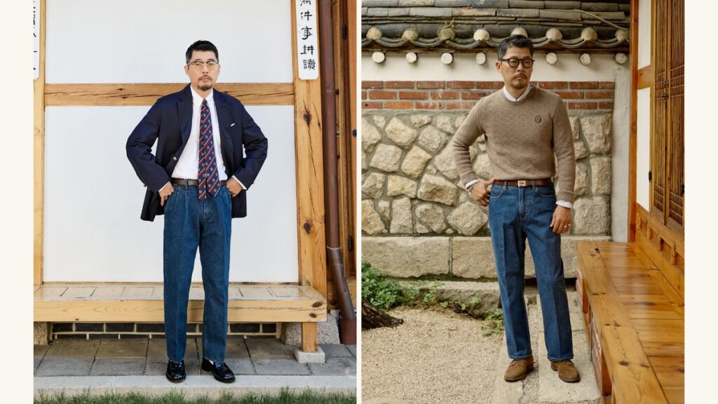 modern ivy style proportions: navy blazer with a crest repp tie over pleated wide-leg denim beside a cable knit crewneck with wide-leg denim, both at a Seoul hanok