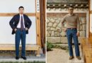 modern ivy style proportions: navy blazer with a crest repp tie over pleated wide-leg denim beside a cable knit crewneck with wide-leg denim, both at a Seoul hanok