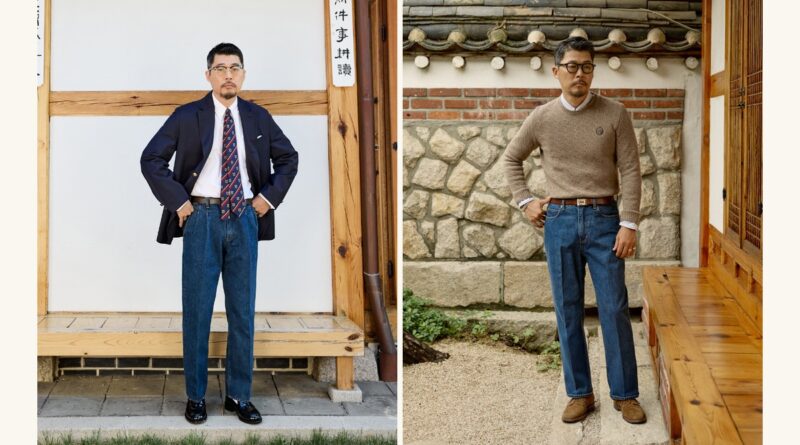 modern ivy style proportions: navy blazer with a crest repp tie over pleated wide-leg denim beside a cable knit crewneck with wide-leg denim, both at a Seoul hanok