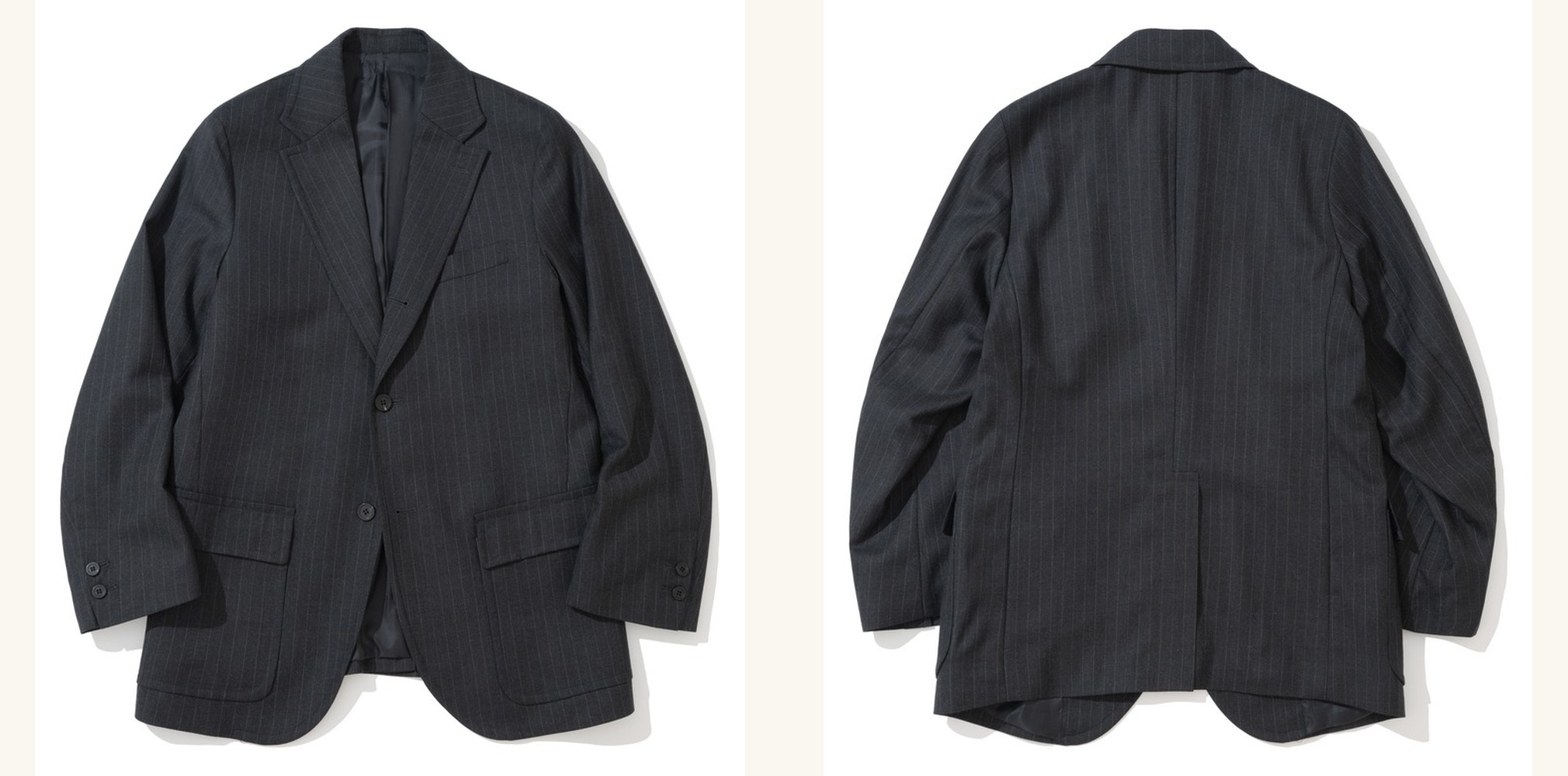 Charcoal pinstripe sack-cut jacket laid flat, front and back side by side: a notch lapel rolling to the middle button and flap patch pockets at the hips on the front, a single vent on the back