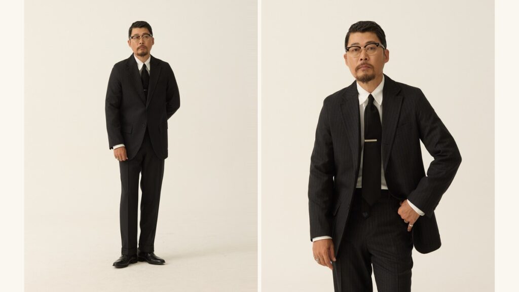 Pinstripe suit, Ivy style: a full-length charcoal pinstripe sack suit with a white button-down and dark tie, beside a three-quarter view of the same suit with a tie bar
