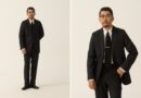 Pinstripe suit, Ivy style: a full-length charcoal pinstripe sack suit with a white button-down and dark tie, beside a three-quarter view of the same suit with a tie bar
