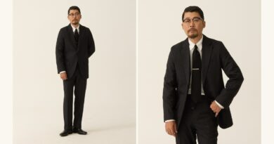Pinstripe suit, Ivy style: a full-length charcoal pinstripe sack suit with a white button-down and dark tie, beside a three-quarter view of the same suit with a tie bar