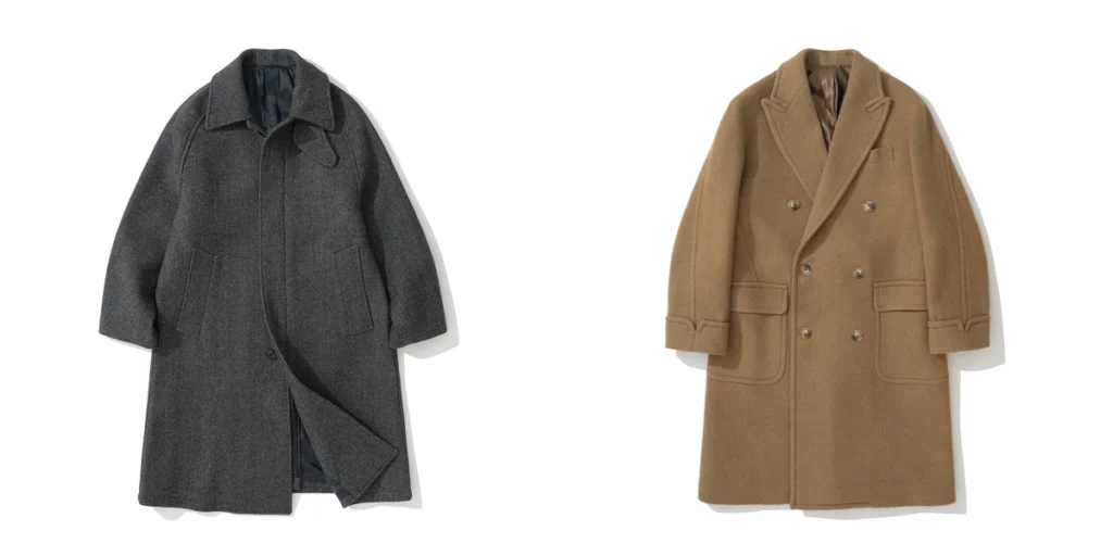 Balmacaan coat and camel polo coat side by side on a white background