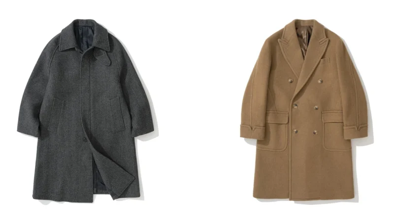 Balmacaan coat and camel polo coat side by side on a white background