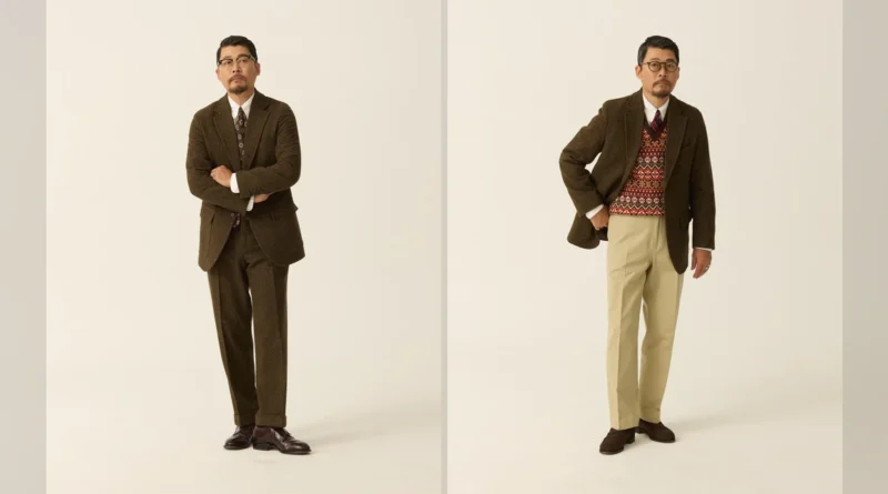 Gun club check sport coat guide — olive brown herringbone sack cut blazer, worn as a suit and with a Fair Isle vest and khaki chinos (Renacts FW26)