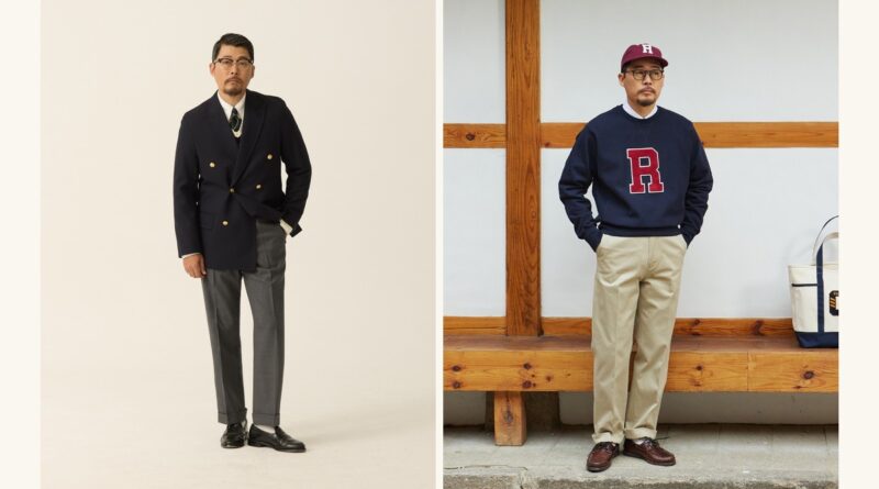 Wool trousers vs chinos: mid-grey wool under a navy double-breasted blazer beside khaki chinos with a collegiate sweatshirt