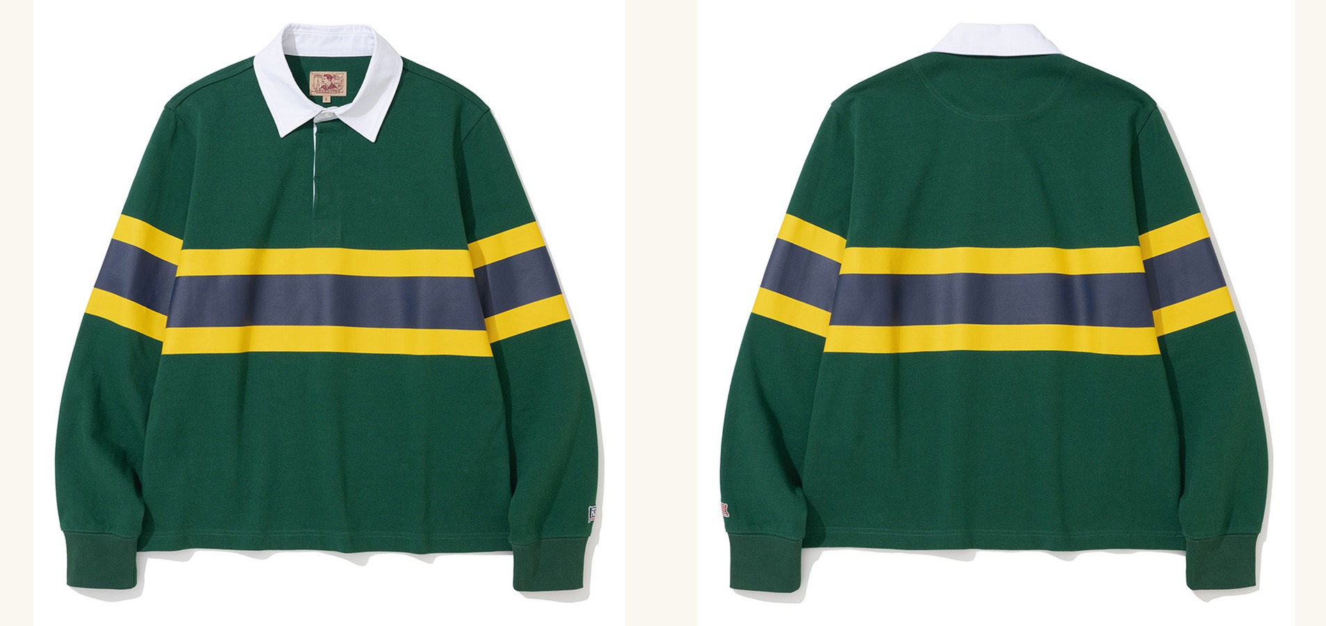 Green rugby shirt laid flat, front and back side by side, with a yellow, slate blue and yellow band across the chest and sleeves and a white twill collar