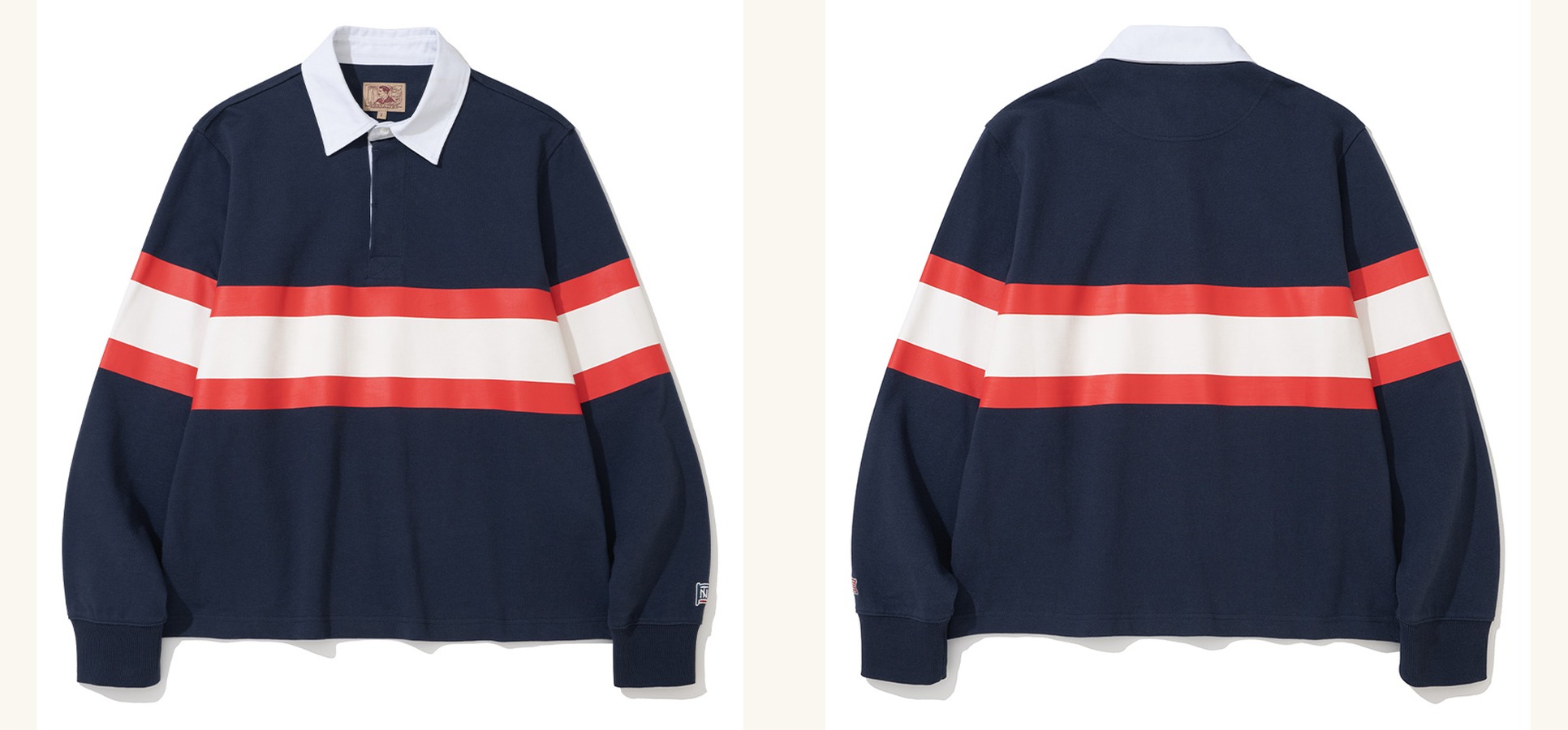 Navy rugby shirt laid flat, front and back side by side, with a red, white and red band across the chest and sleeves and a white twill collar