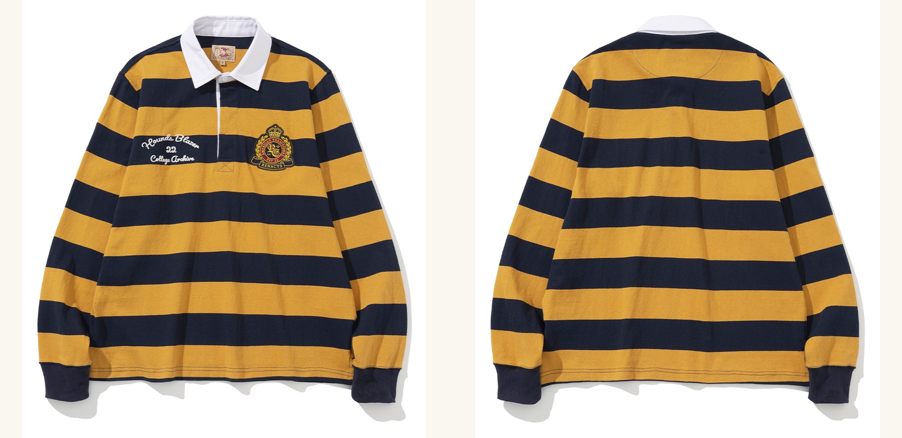 Mustard yellow and navy hooped rugby shirt laid flat, front and back side by side, with an embroidered crest and script on the chest and a white twill collar