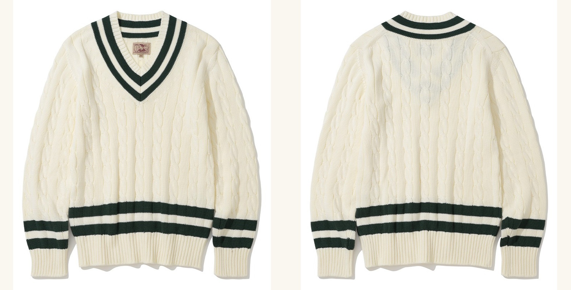 Ivory cotton cricket sweater with dark green stripes at the V-neck, cuffs and hem, laid flat front and back side by side