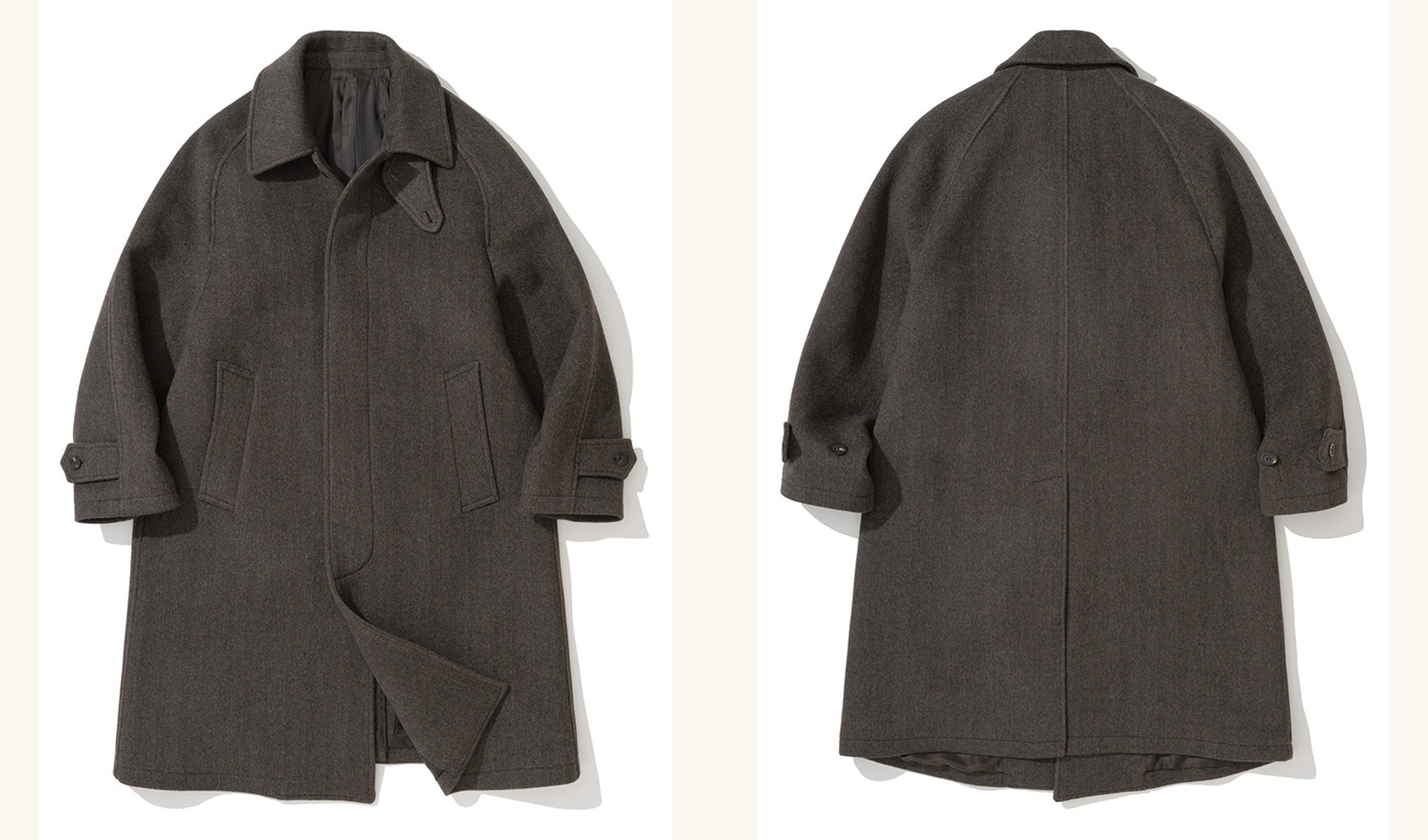 Brown herringbone wool balmacaan coat laid flat, front and back side by side, with raglan sleeves and a fly front