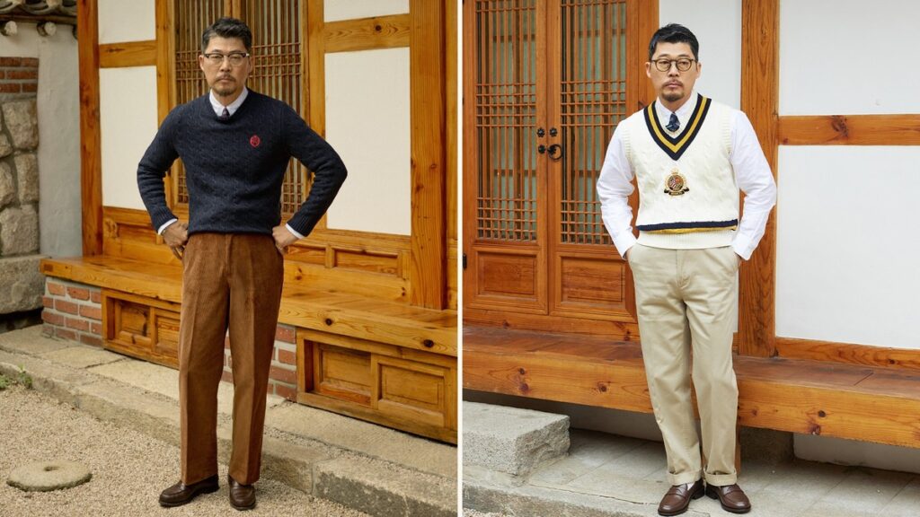 How to wear a cable knit sweater, Ivy style: a navy cable crewneck over a white button-down with brown corduroys, beside an ivory cotton cricket vest with a crest over a white oxford and tie